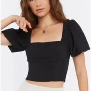 Forever 21 Puff Sleeve Crop Top Plus Size 3X Black Smocked Boho Prairie